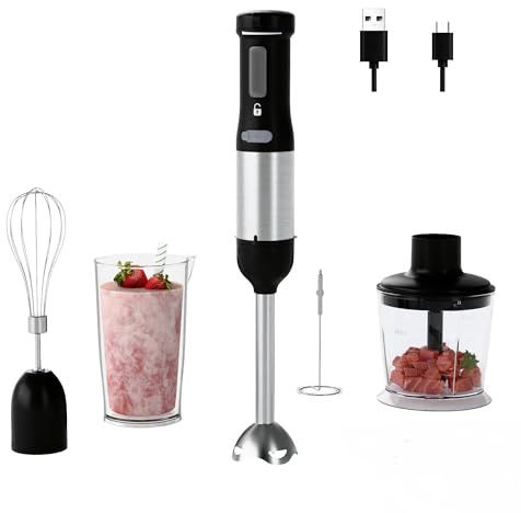 WHUTO Frullatore a immersione senza fili, frullatore portatile 5 in 1 a velocità variabile, ricaricabile con batteria da 2000 mAh, senza BPA e lavabile in lavastoviglie. Accessori: bicchiere da 700 ml