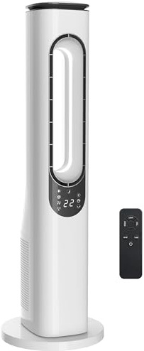 HOMCOM Ventilador de Torre sin Aspas, Ventilador de Pie Silencioso 35dB con Luces LED, Control Remoto, 3 Velocidades, 3 Modos, Temporizador 15H, Oscilación 50°, Pantalla LED, para Dormitorio, Blanco