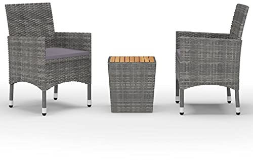 Qnhdfrt 3-TLG. Bistro-Set aus Poly Rattan mit Akazienholz-Tisch, Sitzgruppe mit 2 Stühlen und Polstern für Balkon, Terrasse und Garten, Grau