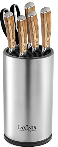 Laxinis World Universal Knife Block, Stainless Steel Round Knife Holder with Scissors-Slot, Counter-top Storage, Holds 12 8.5”-Blade Knives, 9” by 4.5” (knives not included)