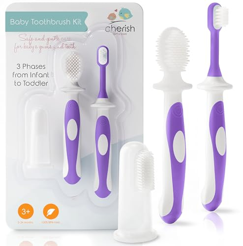 Cherish Baby Care Spazzolino Neonato (3-24 Mesi) - Silicone (Viola) | Set include 1x spazzolino neonato da dito & 1x in silicone. Spazzolino bambini 1 anno e 12 mesi in silicone senza BPA.
