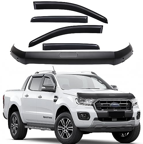 JHCHAN Windabweiser Motorhaube Deflektor Insekten und Steinschlagschutz für Ford Ranger 2015-2022 T7 T8 Wildtrak Raptor Wildtrak XL XLT Limited Tremor Platinum (Windabweiser+Motorhaube)
