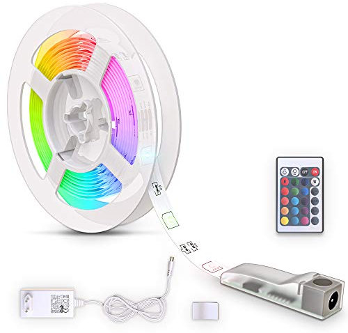 B.K.Licht Striscia LED 3m, cambio colori RGB con telecomando, dimmerabile, adesiva, accorciabile, nastro luminoso LED, alimentatore spina europea, bianca, per interni IP20