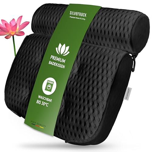 SilverRack Badewannenkissen MEDIUM-WEICH [Schwarz 4D] - Nackenkissen für Badewanne mit Saugnäpfen als Badewannen-Zubehör - Kissen für Badewanne - Badekissen mit ergonomischer Passform