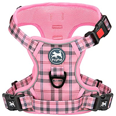 PoyPet No Pull Dog Harness, [Release at Neck] Reflective Adjustable No Choke Pet Vest with Front & Back 2 Leash Attachments, Soft Control Training Handle for Small Dogs(Checkered Pink,XS)