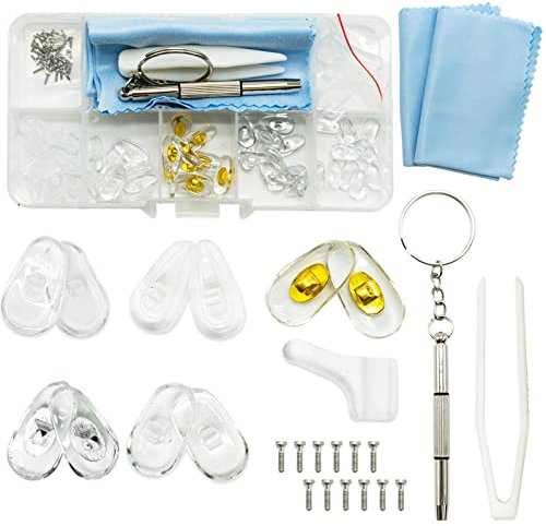 Naselli per Occhiali, 25 Paia Cuscinetti Nasali Avvitabili per Occhiali in Silicone, Kit di Riparazione Occhiali con Viti Cacciavite Pinzette Panno per Pulizia