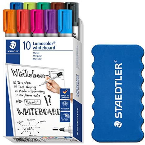 STAEDTLER whiteboard Marker Lumocolor, Linienbreite ca. 2,00 mm, schnelltrocknend, geruchsarm, lange Lebensdauer, blockierte Spitze, 10 whiteboard Marker inklusive Schwamm, 351 B10P1X