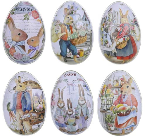 zalati Tin Box with Easter Rabbit 6pcs Egg Shaped Case for Candy Gift Can Metal Jewelry Coin Storage Holder