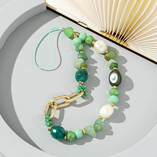 Böhmische Anti-verlorene Handykette, Universale Telefonkette Bunte Perlen Kies Acryl Telefon Lanyard Strap Handschlaufe Perlenkette Schlüsselanhänger Schlüsselband Handy Schmuck für Frauen,Grün