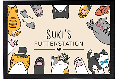 Napfunterlage Katze personalisiert | Futterstation Comic 40 x 60 cm | Hochwertige Filzoberfläche, rutschfeste Gummi-Unterseite, 1,5 mm dünn, strapazierfähig, leicht zu reinigen, mit Katzenname