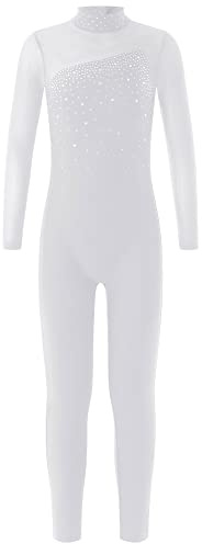 iEFiEL Mädchen Pachwork Gymnastikanzug Ganzkörper Overall Turnanzug Glitzer Tanzanzug mit Strass Leotard Langarm Tanzbody Weiß 134-140