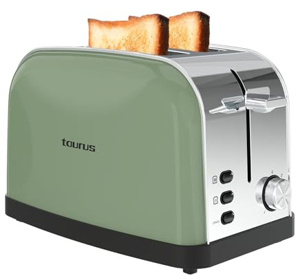 Taurus – Toaster Vintage II Olive, 950W, 2 kurze Schlitze, 7 Stufen, 3 Funktionen, Edelstahl, Zentrierung, Krümelschublade, Hebefunktion, Kabelaufwicklung, Olivgrün