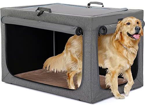 Petsfit Hundebox faltbar für große Hunde, Zimmerkennel Hund Hundebox für Zuhause Verstellbares Design Hundetransportbox Auto, Reißfeste Netzfenster & verdickte plüsche Betteinlage (XL, Grau)