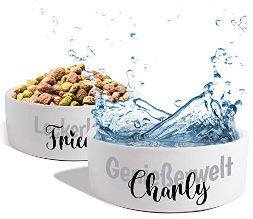 Keramik Doppelnapf „Wunschtext 2-zeilig“ für Hunde & Katzen - personalisiertes Napf-Set mit/ohne Ständer| Hundenapf Futternapf Fressnapf | große kleine Vierbeiner Futterstation (2X 500ml)