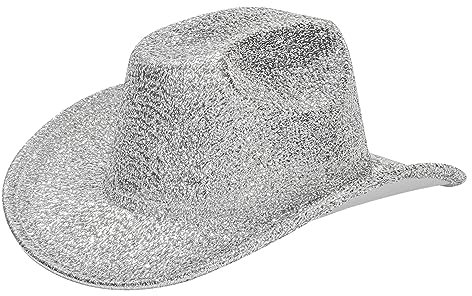 KorhLeoh Silberner Cowboyhut im Weltraum-Design, glitzernd, holografischer Cowgirl-Hut, Rave-Hut für Bachlorette-Party, Halloween, silber, M