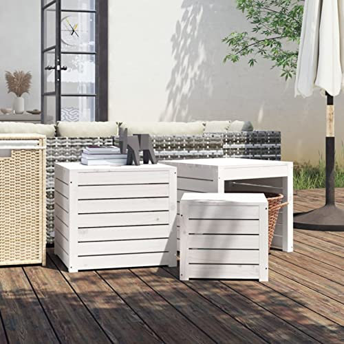 Homgoday 3-TLG. Gartenbox Kissenbox mit Stauraum Holztruhe mit Deckel Garten Auflagenbox Gartentruhe Gartenkiste Auflagentruhe für Balkon Garten Terrasse Weiß Massivholz Kiefer