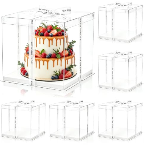 Cididu 6 Pcs Clear Cake & Box with Ribbon, 2-Layer 10x10x10 Inch, Transparent Carrier with Lids, PET Tall Packaging, Clear Gift Boxes for Birthday, Wedding and Festival Party
