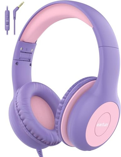 EarFun Kids Headphones, Foldable Headphones for kids, 85/94dB Volume Limiter, Sharing Function, Stereo Sound, Adjustable Headband, Wired Children Headphone with mic for School/Travel/Phone,Purple Pink