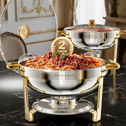 WARMOUNTS Gold & Silver Chafing Dish Buffet with Glass Lid 5L 2 Pack, Round Food Warmer for Catering Buffet with Lid Holder, Mirror-Polished Rolled-Rim Food-Grade Stainless Steel Chafer for Party