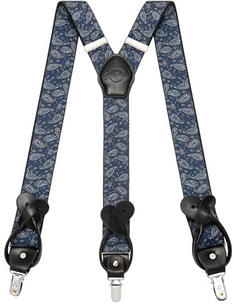 Kohentact Bretelle Uomo con Clip e Bottone, Include 6 Bottone, Larghezza 3,5 cm Y-Shape per Altezza Fino a 200 cm, Acciaio Inossidabile, Gamma di Regolazione Elasticità Extra Large