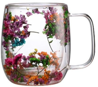 Tazza in vetro a doppia parete, elegante con design a fiori secchi, resistente al calore, a doppia parete, con fiori secchi, per bevande fredde, cappuccino, latte