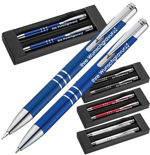 Juwelier Schönschmied Schreibset mit Kugelschreiber & Druckbleistift aus Metall mit Gravur | blau schreibender Kugelschreiber | personalisierte Kullis | Gravierter Kugelschreiber mit Name (5) Blau