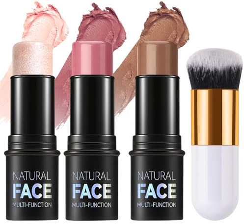 3Pcs Contour Highlighter Blush Sticks with Brush - Cream Contour Bronzer Stick for Cheeks Eyes Lips, Long Lasting Waterproof Smooth Makeup Sticks for All Skin Type Face Makeup