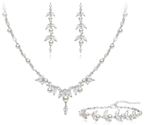 Clearine Set di gioielli da sposa per le spose, elegante perla simulata zircone cubico ciondolo collana marchese foglia goccia orecchini set per le donne festa prom, Zirconia cubica artificiale