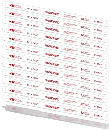 HAUTMEC 250mm Bi-Metal Hacksaw Blades Set, 12-Pack 18, 24, 32 TPI Replacement Blades with High-Speed Steel Teeth & Flexible Spring Steel Back, Pro Metal Cutting Blades for 10 Hack Saw Frame - HT0440