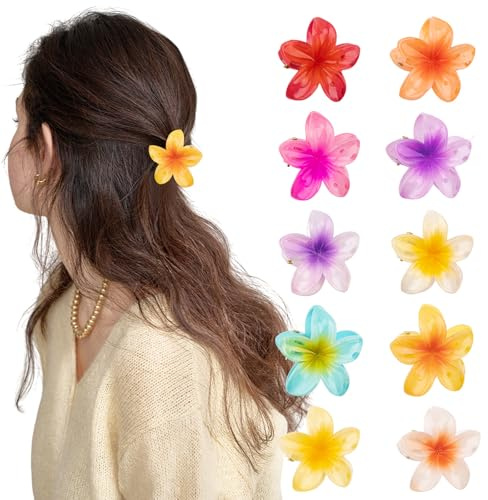 Lot de 10 pinces à cheveux en forme de fleurs hawaïennes de 4 cm pour cheveux épais et fins, antidérapantes, mignonnes, accessoires de coiffure pour fixer les cheveux (A)