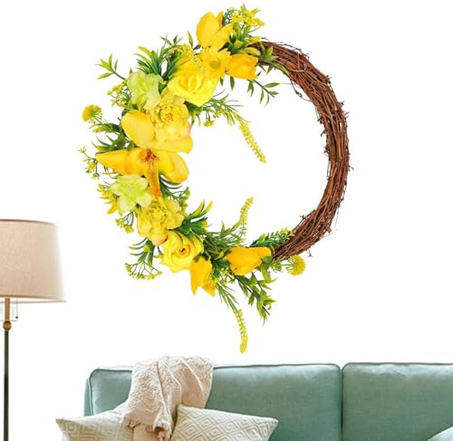 Corone di primavera per porta d'ingresso, corona di fiori gialli, decorazione della corona tutto l'anno, corona di fiori artificiali da 13,7 pollici, per parete, finestra