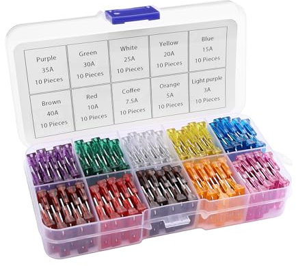 PNGKNYOCN 100Pcs Kit Assortimento Fusibili Auto, 3A 5A 7.5A 10A 15A 20A 25A 30A 35A 40A Auto media lama sostituzione fusibili Kit per auto, RV, camion, moto