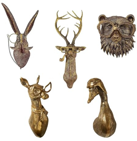 HoldOneLight 5-Pack 3D Wall Mount Ornament, Animal Heads for Wall Art Hanging Sculptures,Small Metal Wall Resin Art Wall Decor Ornament Waterproof Decorations,Living Room Bedroom (5 mix)