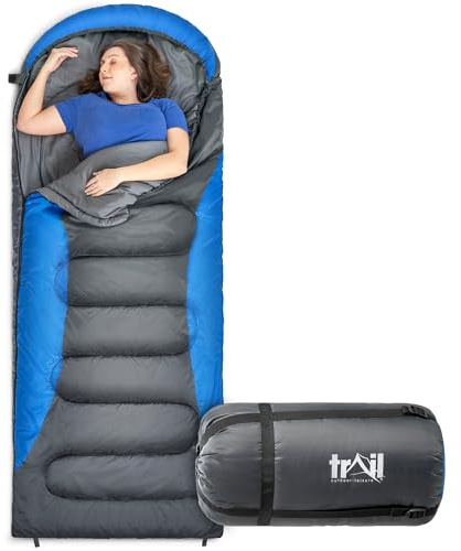 Trail Alpine 250 XL Sleeping Bag with Hood (L230cm x W100cm), Large Extra Wide Envelope Sleeping Bag, 2 to 3 Season Camping, Lightweight, Water Resistant, Soft Polycotton Liner, Compression Bag (Blue)
