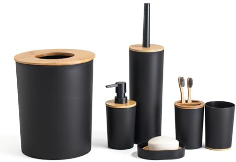 Herzberg, HG04456, 6-teiliges Badezimmer-Set aus Bambus, modernes und Elegantes Design, perfekt für Ihr Zuhause, Größe: 6-teilig, Farbe: Schwarz