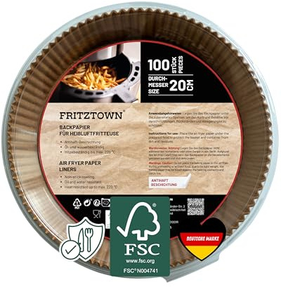 FRITZTOWN Backpapier für Heißluftfritteuse 4,5L-8L | 100 Blatt 20 cm Rund | Air Fryer Backpapier Pergamentpapier | Kompatibel mit Ninja COSORI Philips Cecotec Midea Russell XL XXL Airfryer