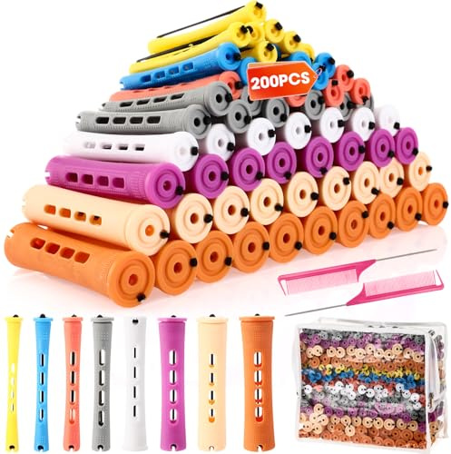 XunYee 200 Piece Hair Perm Rods Set 8 Kinds of Plastic Cold Ironing Stick, Heatless Perming Rods Hair Curlers Rollers with Pintail Comb and Tote Bag for Long Short Straight Curly Natural DIY