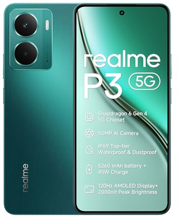 realme P3 Smartphone 12+512 GB 5G Telefono Cellulare, Snapdragon 6 Gen 4, 6.67 1.5K 120Hz IP69, Batería 5260mAh Ricarica Rapida 45W, Cámara 50MP AI Travel Snap, NFC Doble SIM, Verde