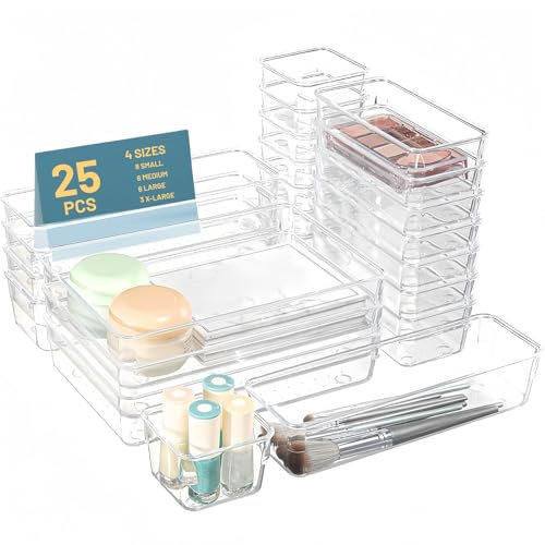 Clear Desk Drawer Organizers 25Pcs PP Makeup Drawer Organiser Trays Vanity Drawer Organizer Trays Reusable Cosmetics Container Tray Utensil Cutlery Set Divider for Makeup Officce Bathroom Gadgets