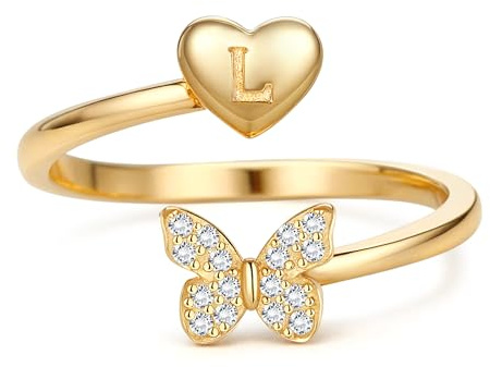 MILACOLATO Ring Silber 925 Damen Verstellbare Initiale Ringe mit Schmetterling Frauen Band Ring Gold Stapelbar Promise Fingerring Hypoallergen 18K Vergoldet Offener Daumenring 925 Sterling Silber-L