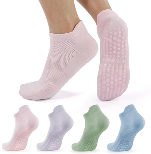BUDERMMY Pilates Socken Damen 4 Paare Yoga Socken Baumwolle Rutschfeste mit Noppen Antirutsch Socken für Stoppersocken