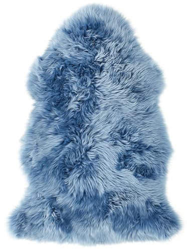 -LUXOR- living Schaffell echt, Fellteppich, Bettvorleger, 60 x 85 cm, Blau | Oberseite 100% Wolle, Rückseite 100% Leder gegerbt, Florhöhe ca. 50 mm, Kuschelteppich