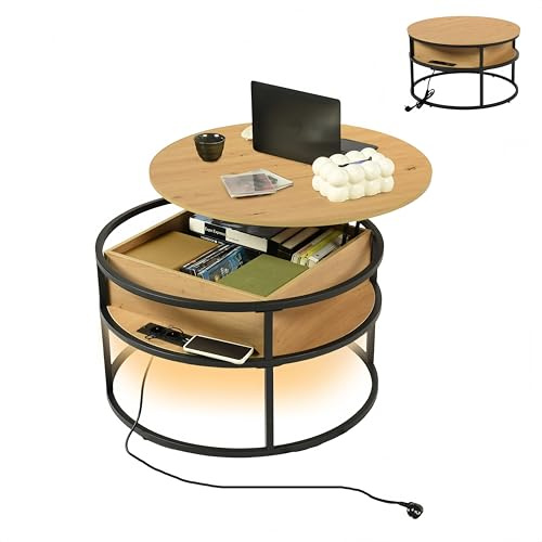 ZECIIYE Couchtisch Rund mit Hebeplatte,Runder Wohnzimmertisch mit Stauraum,Beistelltisch mit Lichtleiste und Konsolentisch,Couchtisch Höhenverstellbar für Wohnzimmer Büro,80 x 80 cm,Eiche