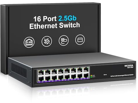Commutateur Ethernet 16 Ports 2.5Gb Non géré, NICGIGA commutateur réseau 16 Ports 2.5G, Plug & Play, Conception sans Ventilateur, pour Bureau ou Montage en Rack 19 Pouces.