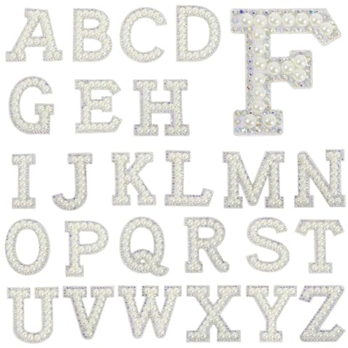 26 Stück Perlen-Strass-Buchstaben-Flicken Buchstabenaufnäher mit Strasssteinen Selbstklebend Sticker zum Aufkleben A-Z Aufkleber Stoff Patches Gestickte Applikationen für Kleidung Schuhe Hüte DIY