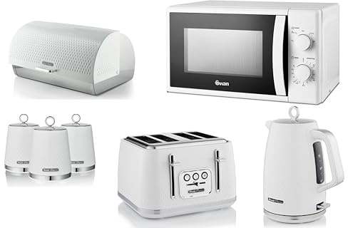 Swan Elegance White 1.7L Kettle, 4 Slice Toaster, Breadbin and 3 Canisters - Premium Textured White Finish and Chrome Accents plus 700W 20L Microwave SM4420WHT. Contemporary Matching Kitchen Set of 7