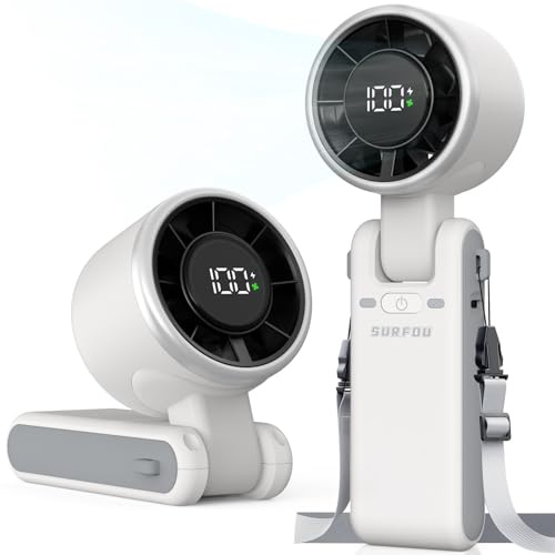 SURFOU Ventilateur Portable à Main 4000mAh, Modèle Turbo Pliable 3-en-1 avec 5 Vitesses, Affichage LED, USB Rechargeable, Puissant pour Bureau, Voyage et Extérieur, Blanc