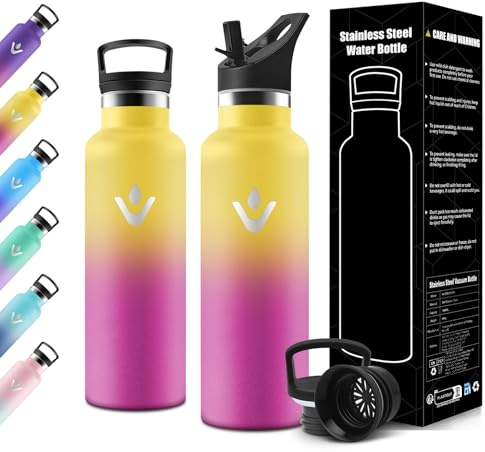 Motswedi Borraccia Termica Bambini, 500ml Doppia Parete, Bottiglia Termica, a Prova di Perdite, Borraccia con Cannuccia, Acciaio Inox, Borracce Termiche, per Campeggio, Palestra, Giallo & Rosa