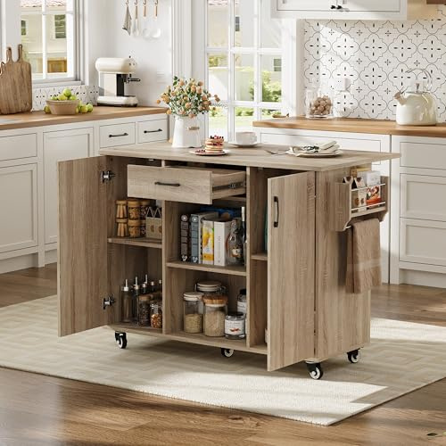Isola da cucina con piano di lavoro pieghevole, 120 cm, Kitchen Island su ruote, carrello da cucina con cassetto e armadio, carrello da portata con vano portaoggetti, rovere bianco, 92,9 × 120 × 43,5