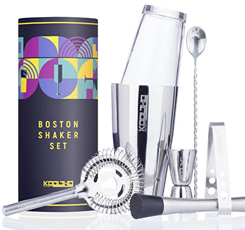 Boston Shaker Set Glas Cocktailshaker, Cocktail Shaker Glass Edelstahl Set Geschenk für Frauen Männer, Bosten Shaker Glas Barkeeper Set Profi mit Hawthorne Strainer und Bartender Cocktails Zubehör